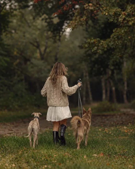 Walking two dogs through autumn woods