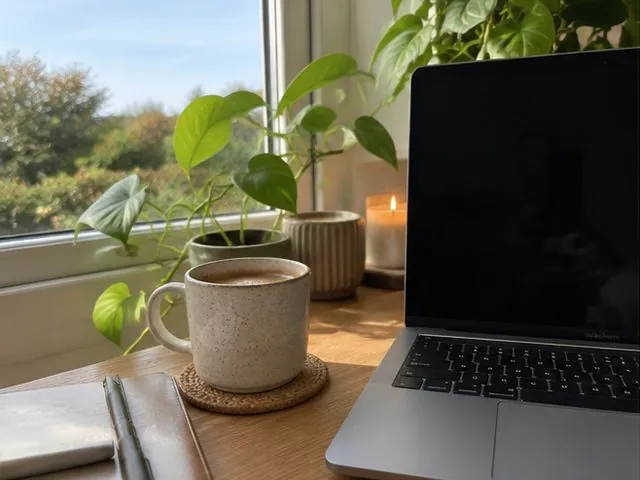 Laptop and coffee by a sunny window